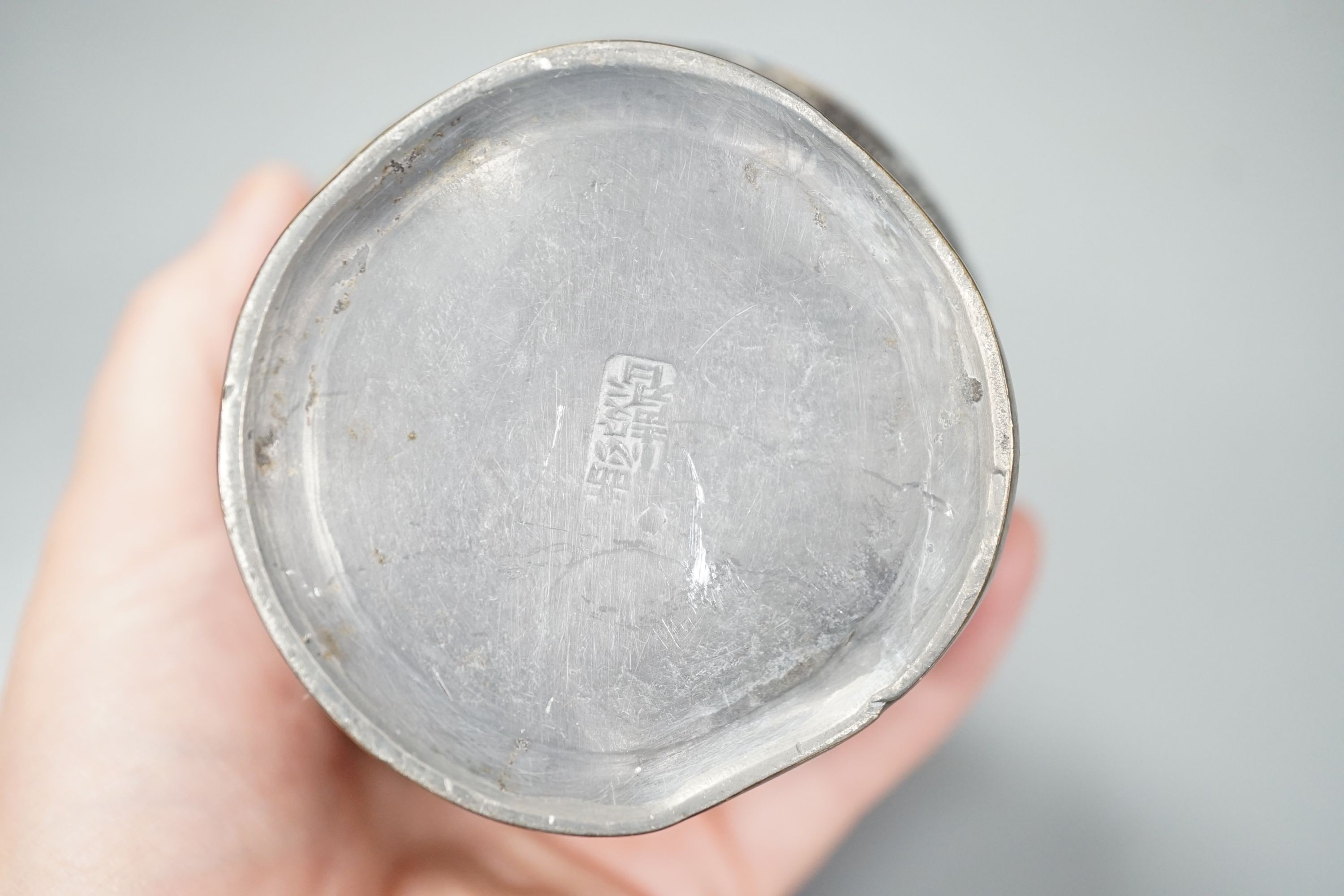 A Chinese bowenite jade censer and cover together with a soapstone tablet and a coconut and pewter tea canister